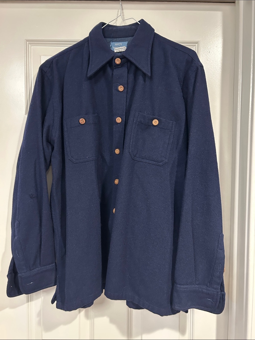 Vintage Macy’s Men's Dark Navy Button-Front Wool Shirt
